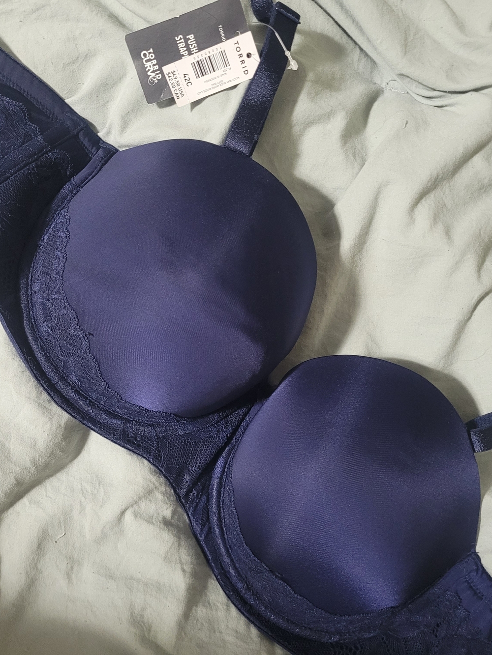 Torrid Navy Satin Strapless Push-Up Bra with Lace Trim 42C